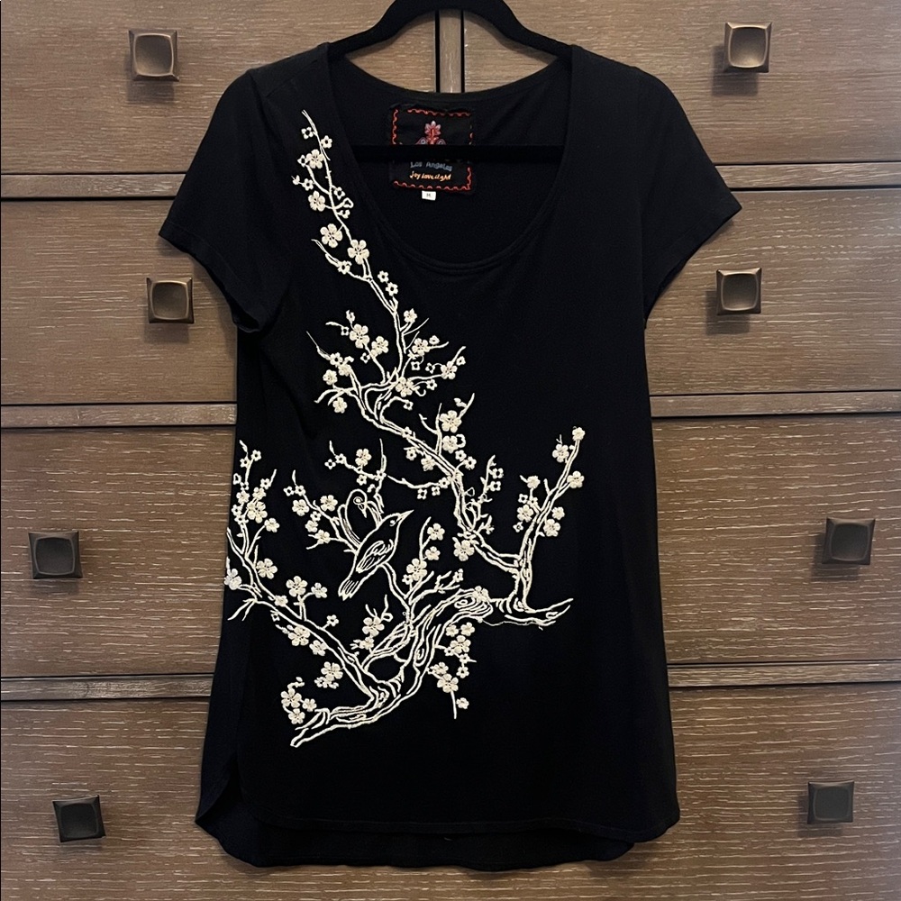 Johnny Was Black Top with White Floral Embroidery